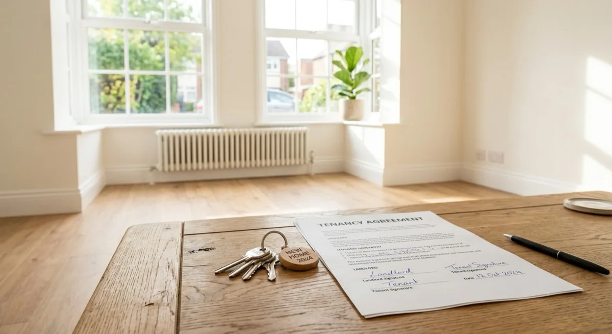 House keys and a signed tenancy agreement on a table in front of a bright, freshly cleaned empty rental living room with sunlight