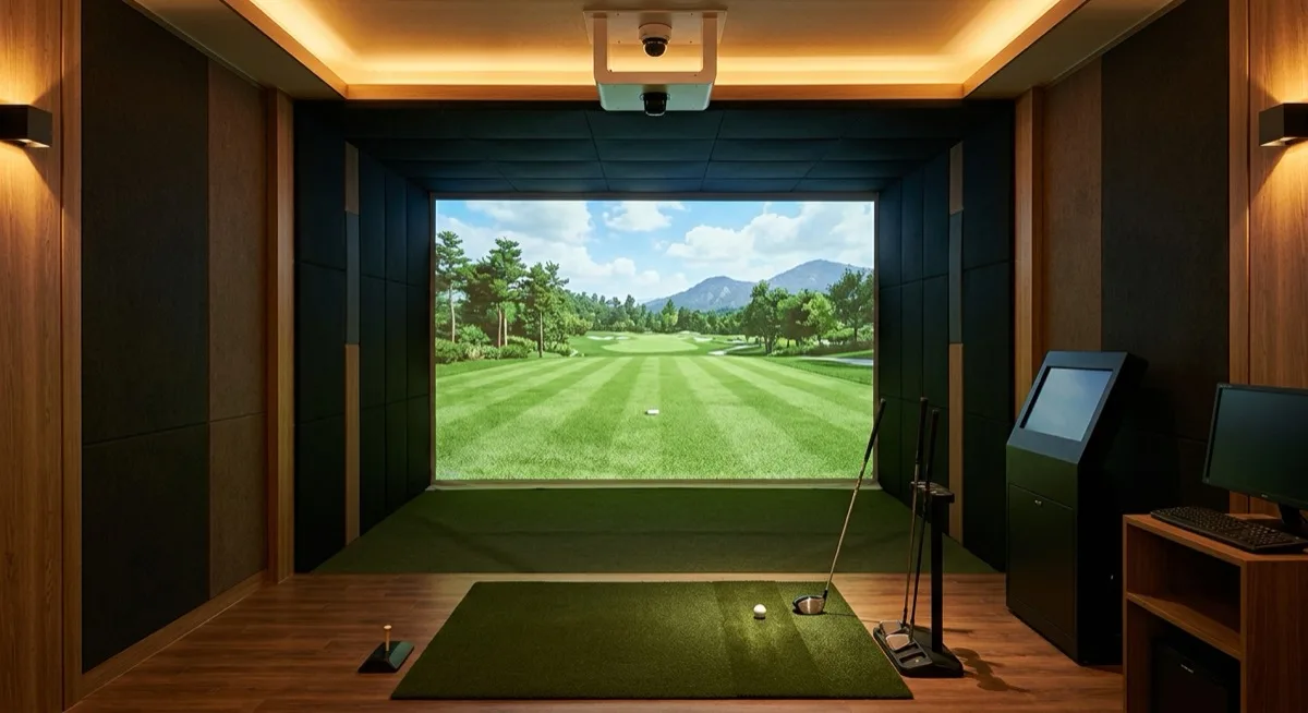 An enclosed indoor screen golf bay with dark padded walls, a golf ball on a synthetic hitting mat, clubs standing beside it and a wide screen showing a tree-lined fairway