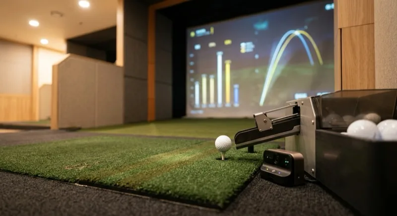 An automatic tee-up machine setting a golf ball onto the mat of an indoor screen golf bay, with a shot-data display blurred behind it