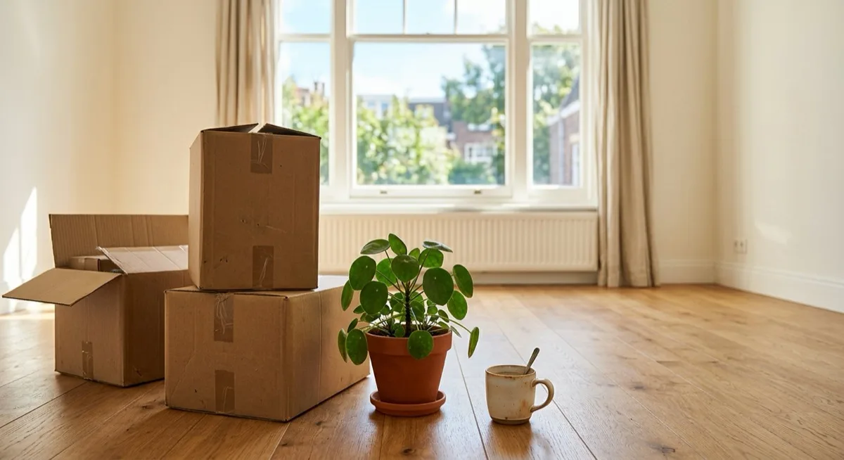 A few cardboard moving boxes, a potted plant and a mug on the floor of a bright empty apartment with sunlight through a window