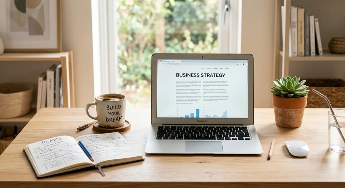 A desk with an open laptop, a notebook of handwritten plans, a coffee cup and a small potted plant in bright morning light
