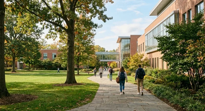 Students walking along a tree-lined campus path between modern brick university buildings on a sunny day