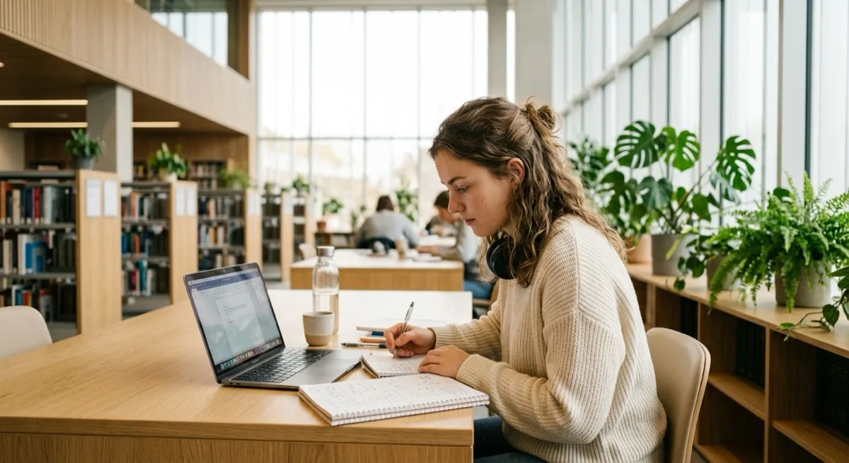 A student reading at a desk with a laptop and notebooks in a bright, plant-filled university library with tall windows