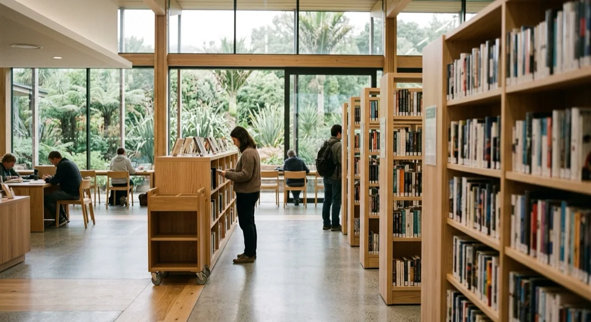 A bright public library interior with rows of bookshelves and a reading area, no signage or branding visible