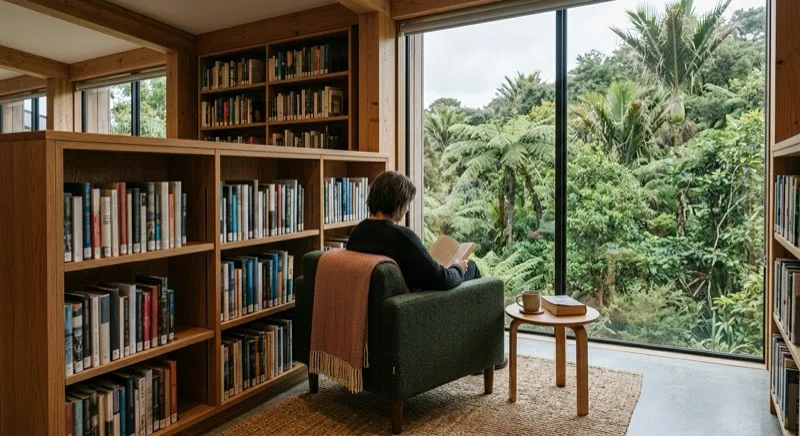 A cosy reading nook in a New Zealand community library: a timber bookshelf and an armchair beside a floor-to-ceiling window looking out onto native tree ferns