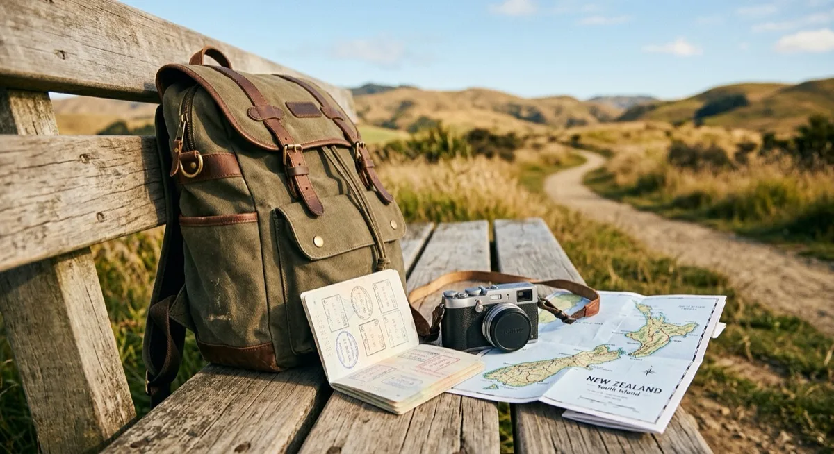 A backpack, an open passport, a camera and a folded map on a wooden bench with a blurred outdoor landscape behind